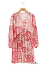Pink Bohemian Floral Print Tassel Tie Long Sleeve Flowy Mini Dress - Image 18