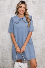 Beau Blue Frill Trim Peter Pan Collar Denim Babydoll Dress - Image 6