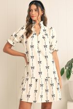 Beige Cute Bowknot Printed Bubble Sleeve V Neck Mini Dress - Image 6