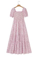 Pink Frill Neckline Shirred Bodice Floral Maxi Dress - Image 13