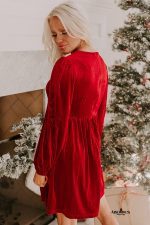 Fiery Red Bowknot Decor High Waist Velvet Mini Dress - Image 2
