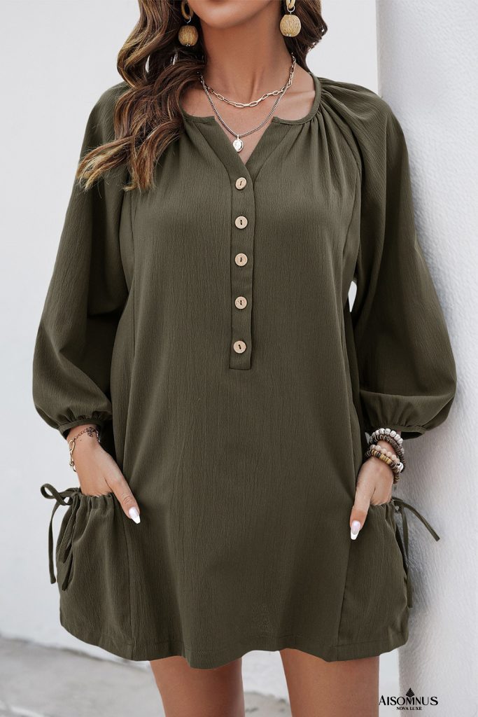 Moss Green Elastic Pocket Bracelet Sleeve Mini Dress