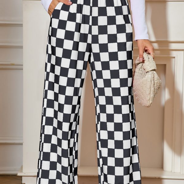 Black Checkered Print High Waist Wide Leg Pants