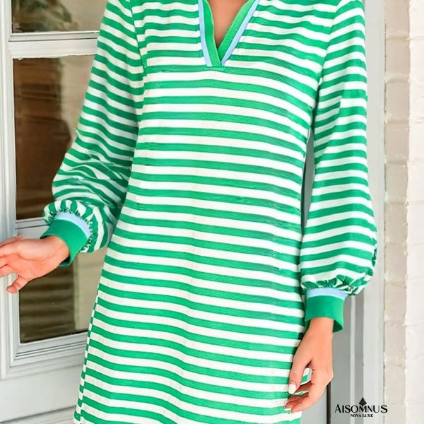 Green Pop of Color V Neck Striped Long Sleeve Mini Dress