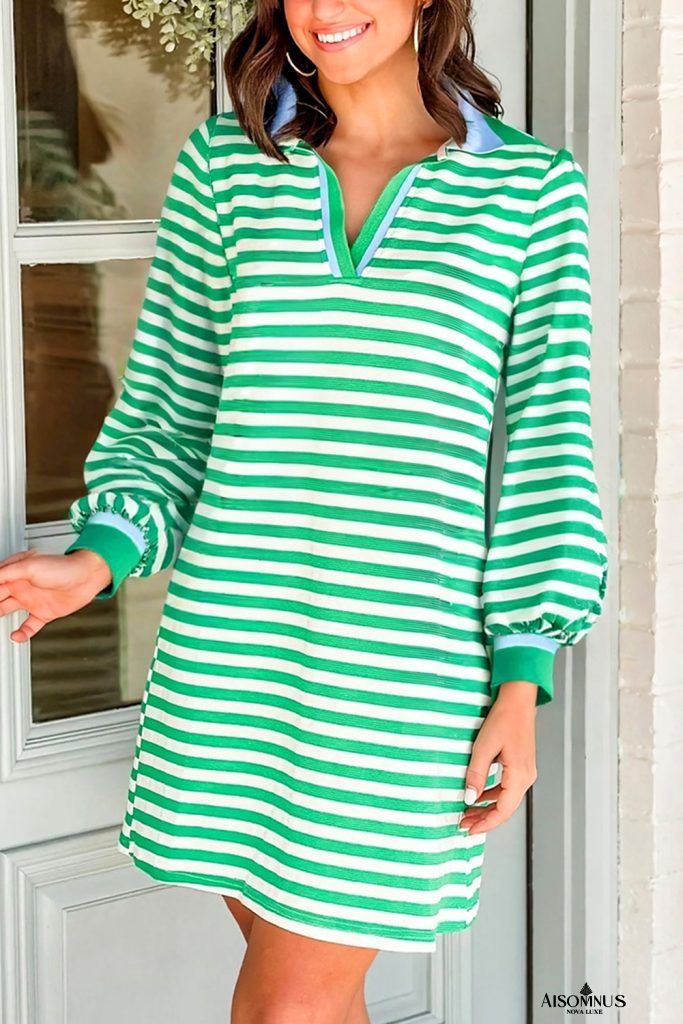 Green Pop of Color V Neck Striped Long Sleeve Mini Dress