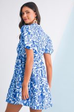Blue Flower Print Puff Sleeve Ruffle Mini Dress - Image 3
