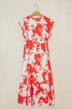 Red Floral Print Trimmed V Neck Ruffle Sleeve Maxi Dress - Image 5