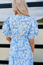 Sky Blue Floral Print Deep V Neck Puff Sleeve Flowy Dress - Image 2