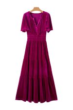Red Dahlia Velvet Short Sleeve Shirred Waist Tiered Maxi Dress - Image 19