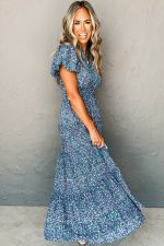Blue Abstract Print Split V Neck Shirred High Waist Maxi Dress - Image 3