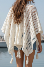 Beige Solid Color Tassel Open Front Knit Cover Up - Image 2