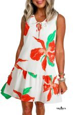 Red Floral Print Tie Front Ruffle Hem Mini Dress - Image 11