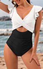 Black Color Block Cut Out Criss Cross One Piece Swimsuit