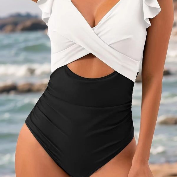 Black Color Block Cut Out Criss Cross One Piece Swimsuit