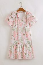Pink Floral Contrast Edge Ruffle Sleeve Tie Neck Mini Dress - Image 9