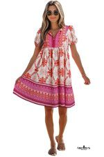 Rose Boho Floral Short Sleeve Tie V Neck Mini Dress - Image 21