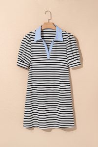 Black Stripe Collared Puff Sleeve Pocketed Mini Dress - Image 9