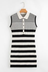 Black Mixed Striped Print Half Placket Collared Cap Sleeve Bodycon Sweater Dress - Image 7