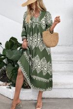 Green Abstract Geometric Print Long Sleeve Vacation Dress - Image 5