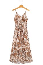 Khaki Floral Shirred High Waist Spaghetti Straps Maxi Dress - Image 14