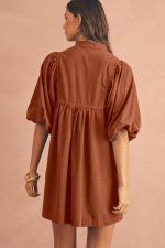 Gold Flame Light Snap Button Empire Waist Lantern Sleeve Corduroy Dress - Image 2