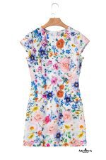 Sky Blue Vibrant Floral Print Cap Sleeve Mini Dress - Image 12