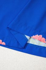 Blue Striped Trim Short Sleeve Split Neck Floral Mini Dress - Image 12