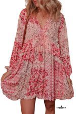 Pink Bohemian Floral Print Tassel Tie Long Sleeve Flowy Mini Dress - Image 19