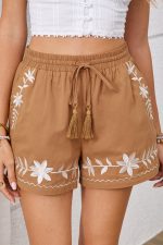 Khaki Embroidered Tassel Tie Elastic Waist Shorts - Image 4
