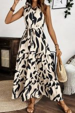 Apricot Abstract Print Knot Waist Collar Sleeveless Maxi Dress - Image 3