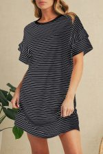 Black Stripe Ruffle Short Sleeve T Shirt Mini Dress