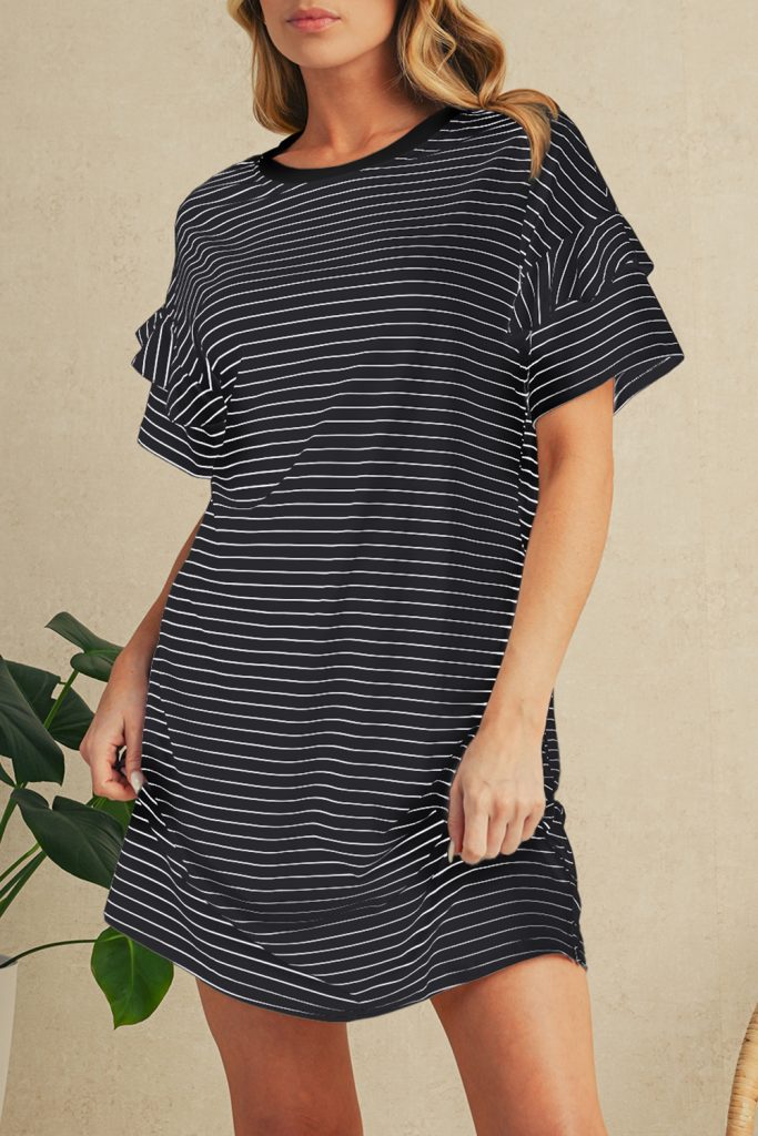 Black Stripe Ruffle Short Sleeve T Shirt Mini Dress