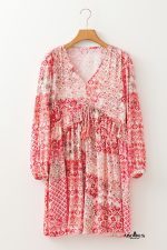 Pink Bohemian Floral Print Tassel Tie Long Sleeve Flowy Mini Dress - Image 11
