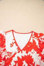 Red Floral Print Trimmed V Neck Ruffle Sleeve Maxi Dress - Image 6