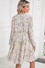 Green Floral Print Tiered Frilled Shirred Mock Neck Mini Dress - Image 2