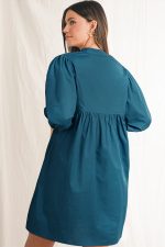 Blue Sapphire Puff Sleeve Pleated Pop of Color Neckline Dress - Image 2