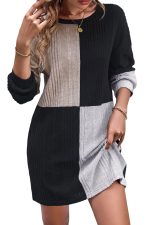 Black Ribbed Color Block Drop Shoulder Long Sleeve Mini Dress - Image 7