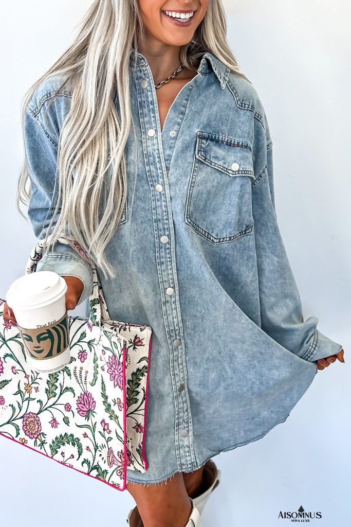 Beau Blue Chest Pocket Raw Hem Denim Loose Shirt Dress