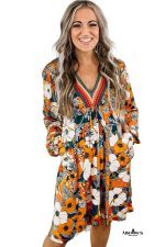 Orange Floral Print Striped Lace V Neck Long Sleeve Mini Dress - Image 3