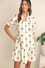 Beige Cute Bowknot Printed Bubble Sleeve V Neck Mini Dress - Image 5