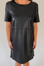 Black Solid Color Faux Leather Short Sleeve Mini Dress - Image 4