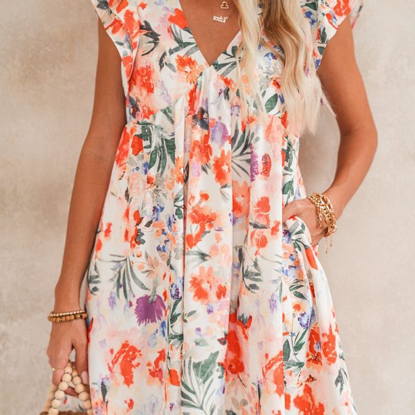 Pink Floral Ruffle Sleeve V Neck High Waist Mini Dress