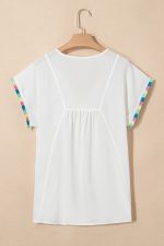 White Colorful Fringed Detail Tassel Tie Neck Short Sleeve Cover Up - Image 8