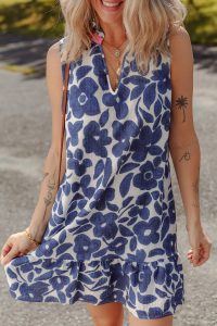 Blue Floral Sleeveless Notched V Neck Mini Dress - Image 4