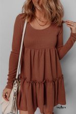 Straw Yellow Ribbed Frilled Trim High Waist Long Sleeve Mini Dress - Image 7
