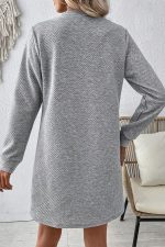 Gray Solid Color Textured Long Sleeve Shift Short Dress - Image 2