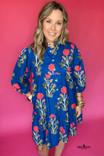 Blue Floral Print Button Front 3/4 Puff Sleeve Ruffle Hem Dress - Image 9
