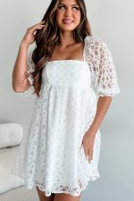 White Floral Lace Puff Sleeve Empire Waist Mini Dress - Image 4