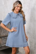 Beau Blue Frill Trim Peter Pan Collar Denim Babydoll Dress - Image 3