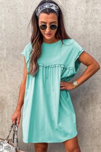 Mint Green Frilled Trim Crewneck Loose Fit Mini Dress - Image 3